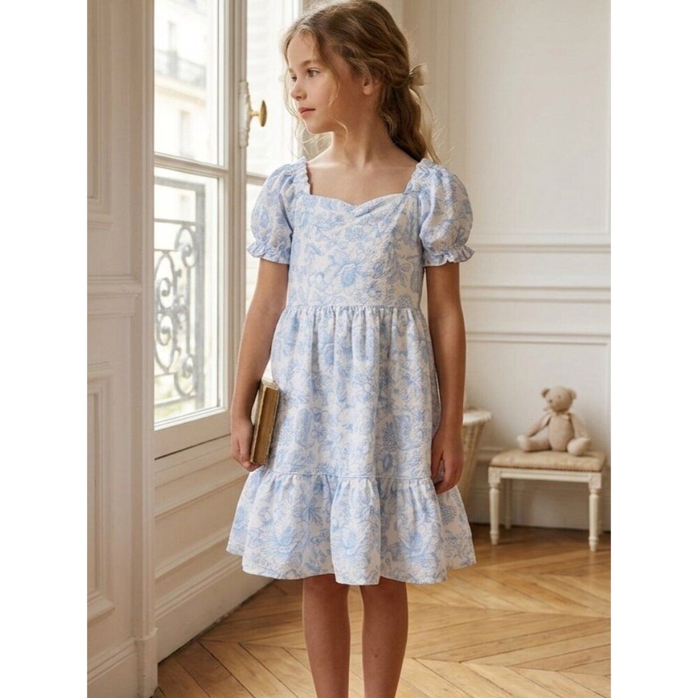 Happily Grey Girls' Light Blue Equestrian Floral Puff-Sleeve Dress Sz 6
